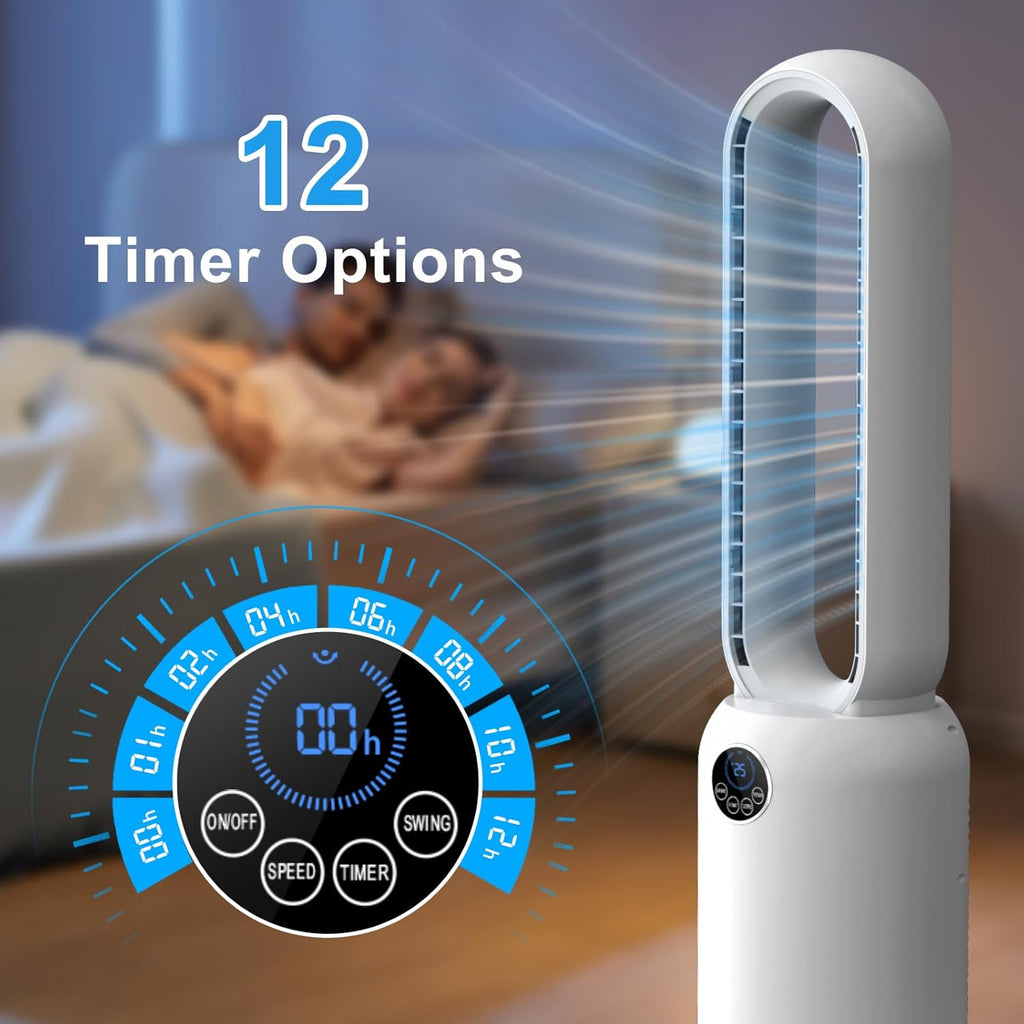 Turmventilator ohne Flügel 88cm – geräuschloser Standventilator mit 55W Motor, LED-Touchscreen & Fernbedienung, 12-Stunden-Timer, 90° oszillierend für Schlafzimmer & Büro (Weiß)