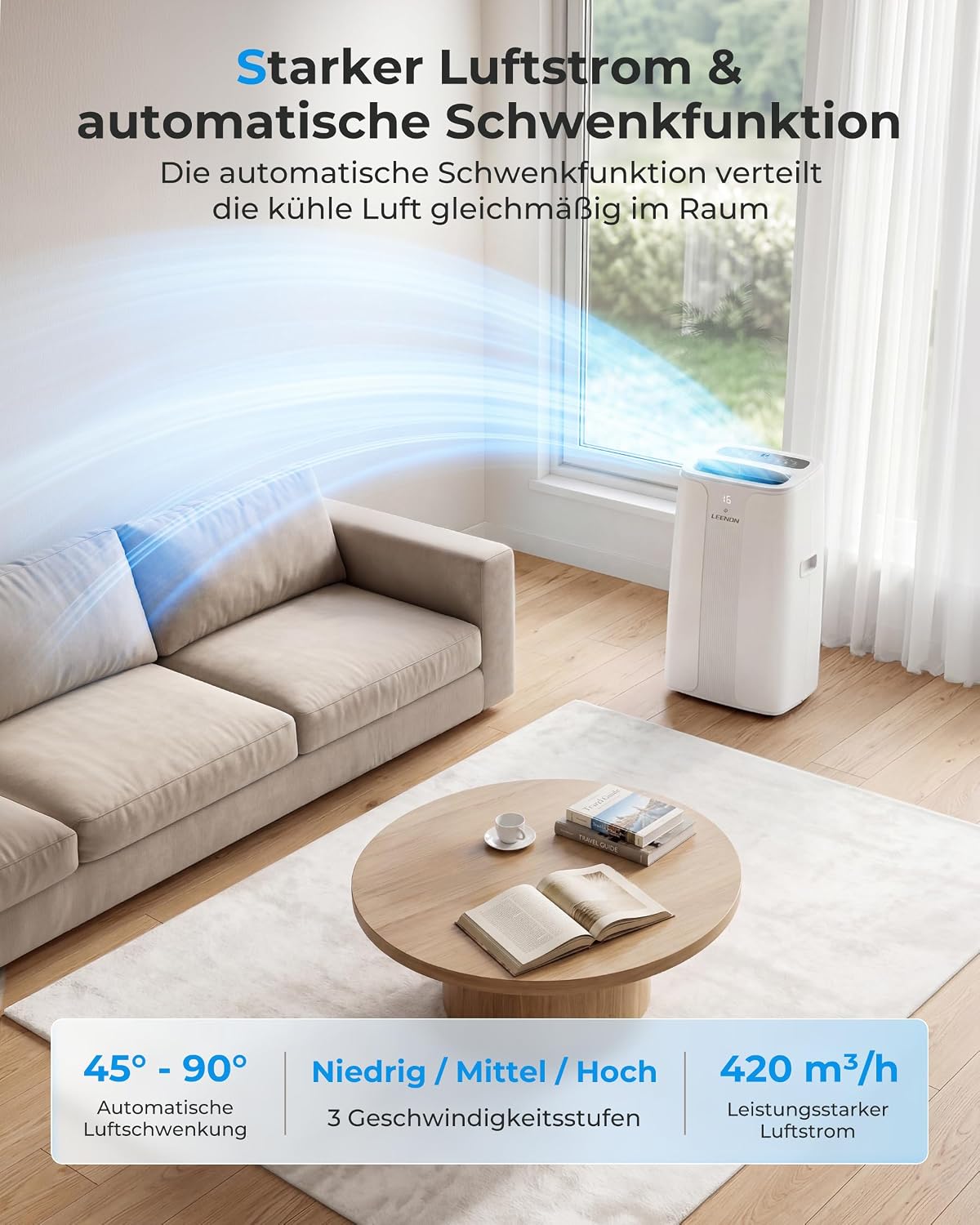 LEENON 14000 BTU Klimaanlage Mobil Klimagerät, 4 in 1 Kühlen Entfeuchten Lüftermodus Schlafmodus, Mobile Klima mit Abluftschlauch, Fernbedienung/24h Timer, Auto-Swing Air Conditioner, Für bis 50m²