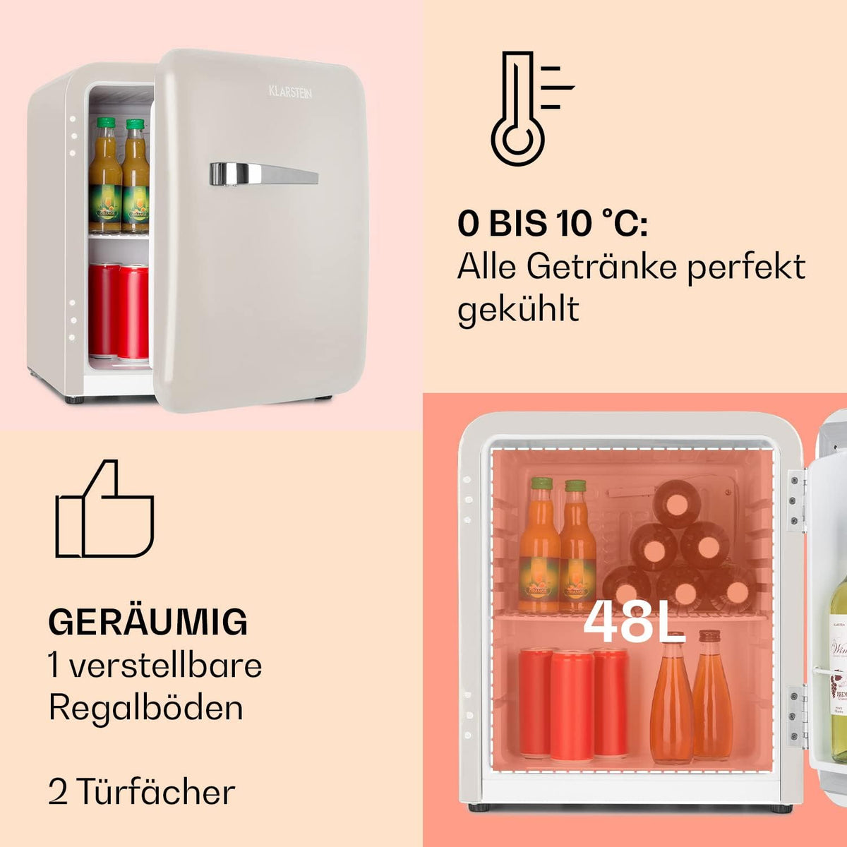 Klarstein Audrey Mini - kleiner Kühlschrank, kompakte Mini-Bar, freistehend, Kompressionskühlung, Fassungsvermögen, Kühlung: 0-10 °C, Mini-Kühlschrank mit 70 Liter Fassungsvermögen, rot