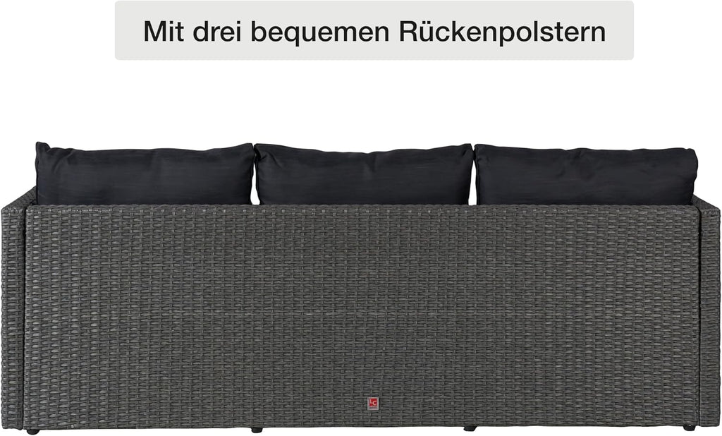 LC Garden Loungino Polyrattan Lounge grau-Mix für 3-4 Personen, Balkonmöbel Sitzgruppe mit Tisch + Hocker, Gartenlounge, Ecksofa für Balkon + Terrasse