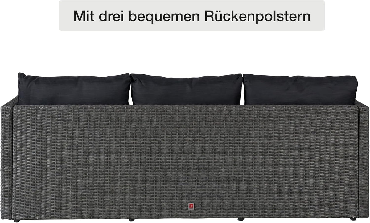 LC Garden Loungino Polyrattan Lounge grau-Mix für 3-4 Personen, Balkonmöbel Sitzgruppe mit Tisch + Hocker, Gartenlounge, Ecksofa für Balkon + Terrasse