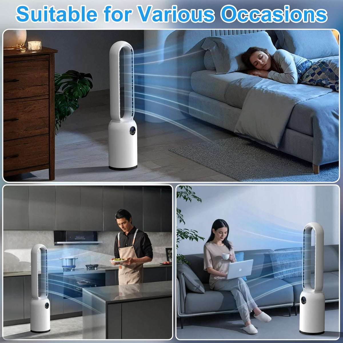 Turmventilator ohne Flügel 88cm – geräuschloser Standventilator mit 55W Motor, LED-Touchscreen & Fernbedienung, 12-Stunden-Timer, 90° oszillierend für Schlafzimmer & Büro (Weiß)