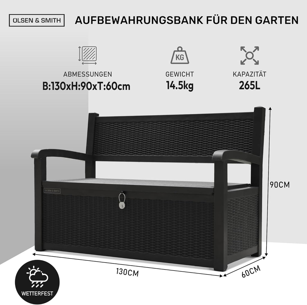 Olsen & Smith 265 Liter Gartenbank Wetterfest mit Stauraum Truhenbank Verschließbare Aufbewahrungsbox Auflagenbox Kunststoff Wetterbeständig Wasserdicht für Werkzeuge Spielzeug Decken und Mehr Schwarz