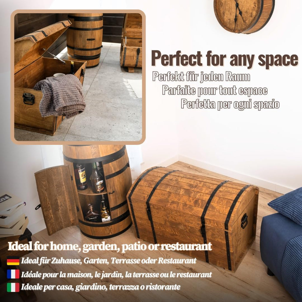 CREATIVE COOPER Holztruhe 180L – Klassischer Aufbewahrungskoffer aus geöltem Erlenholz – Vintage Design – Für Wohnzimmer, Terrasse & Garten – 80x50x50 cm
