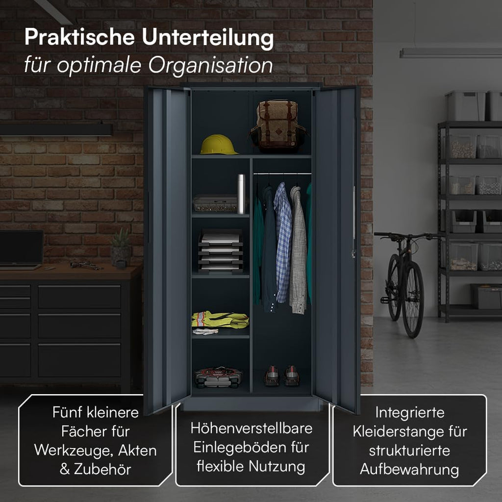 STEELSØN Regulus Metallschrank abschließbar – Garderobenschrank mit 6 Fächern und 1 Kleiderstange – Spind Schrank mit Doppeltüren – Mehrzweckschrank Anthrazit – Kleiderschrank Metall 175x40x80 cm