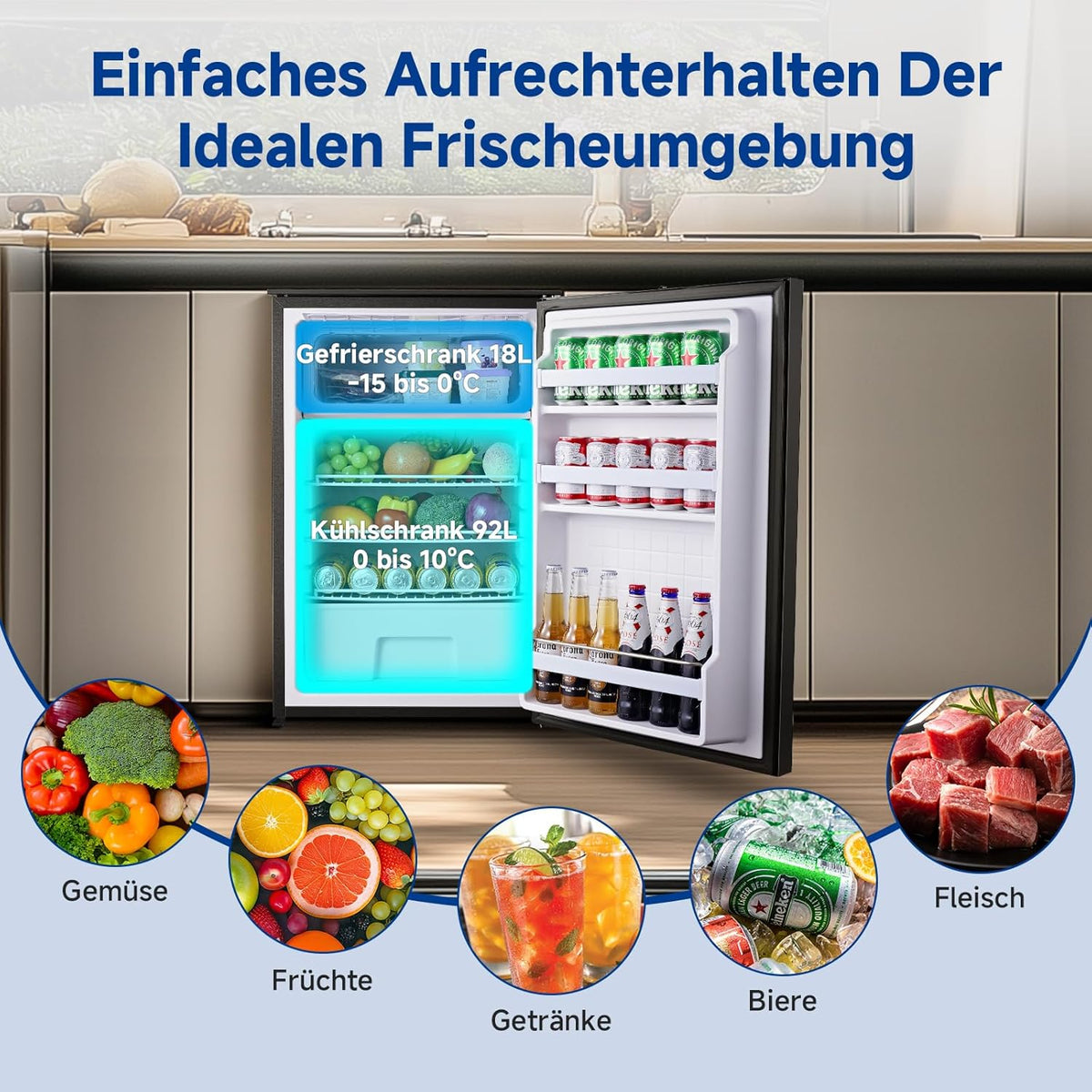 AAOBOSI 110L Kompressor Kühlbox, Zwei Temperaturzonen, Wohnmobil Kühlschrank mit LED-Leuchten, 12/24V DC, Großem Fassungsvermögen Kühlbox Auto, bis -15℃ für Auto, Wohnmobile, Boote, Camping und Reisen