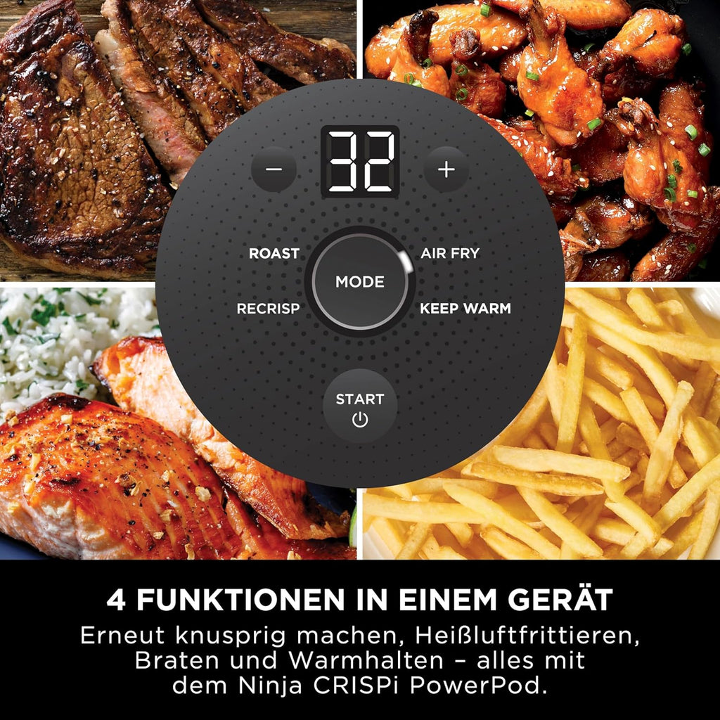 Ninja CRISPi tragbare Air fryer Heißluftfritteuse, 3,8 l, 4-in-1: Heißluftfrittieren, Braten, Warmhalten, Recrisp, 6 Portionen, 2x herausnehmbare Glasbehälter & Deckel, 1700 W, Stone Gold FN101EUSTGD