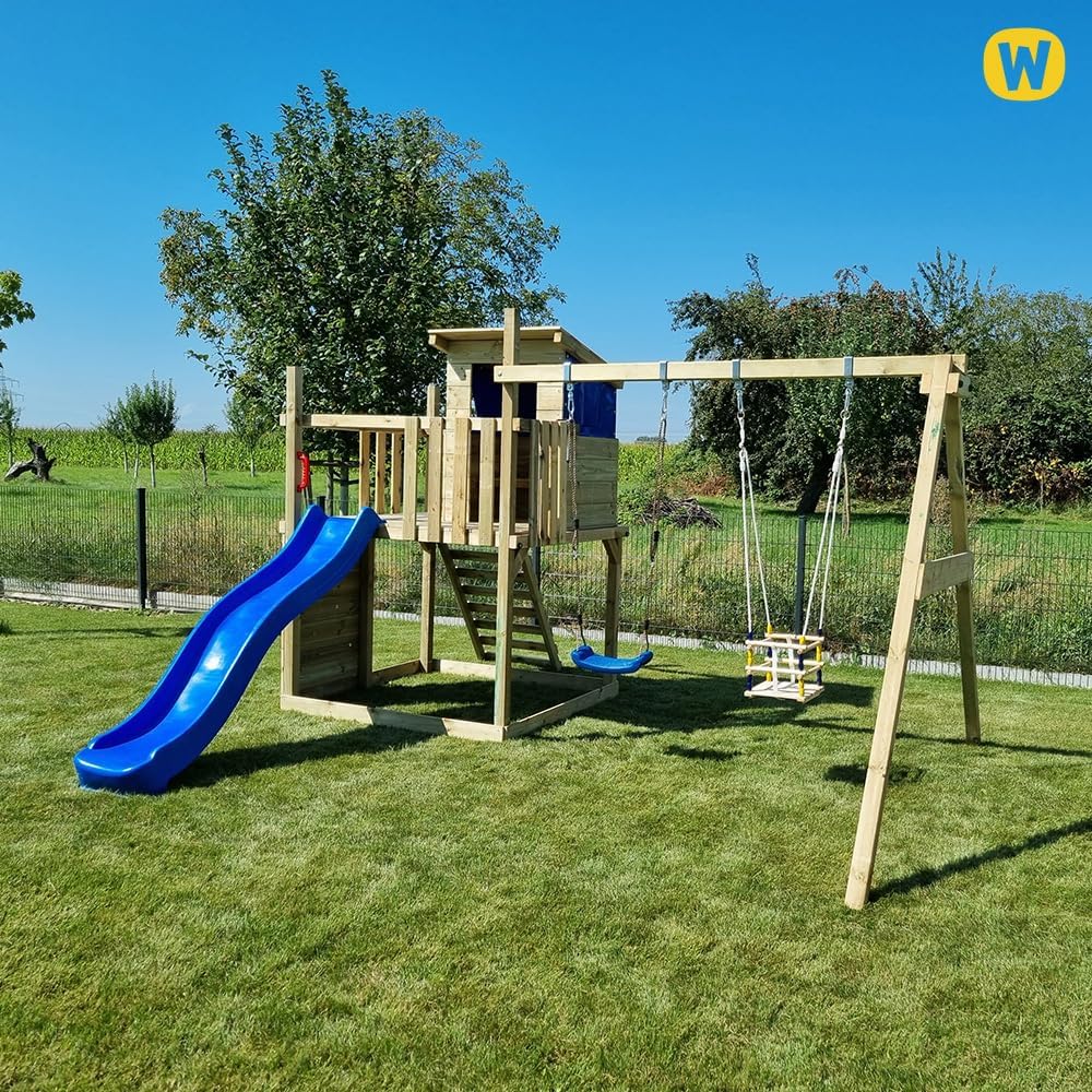 WICKEY Spielturm Klettergerüst Smart Camp mit Schaukel & grüner Rutsche, Outdoor Kinder Kletterturm mit Sandkasten, Leiter & Spiel-Zubehör für den Garten