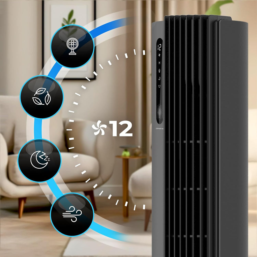 Turmventilator 110 cm PURE Plasma Ionisierung WiFi Tuya Smart Life, Energiesparender 30W DC-Motor, 12 Stufen, Timer, Standventilator sehr leise Ventilator mit Fernbedienung, Tower Fan Grau