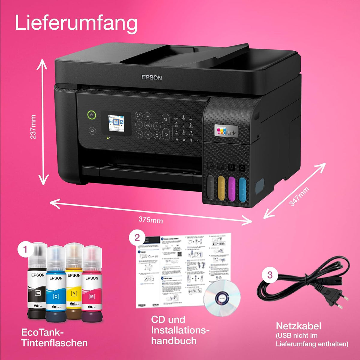 EcoTank ET-4800 Tintentankdrucker | für Zuhause & kleine Büros | WLAN & Ethernet| A4 | Drucken, Kopieren, Scannen, Faxen | 3.7cm LCD-Display Bildschirm | ADF | inkl. Tinte für bis zu 3 Jahre