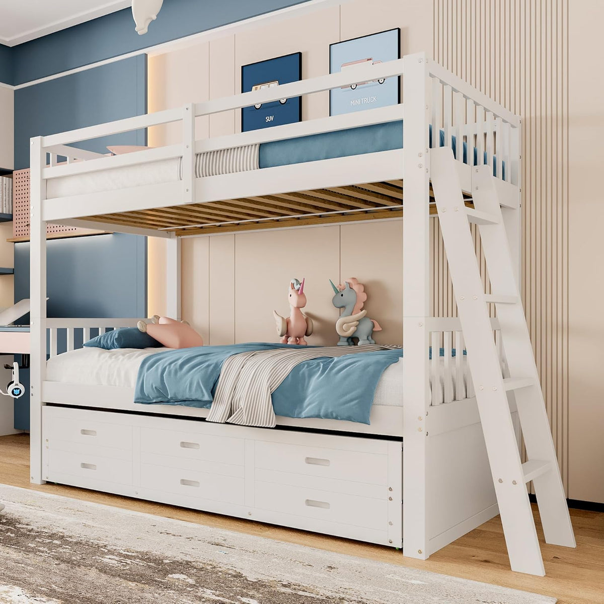 Etagenbett Kinderbett 90x200 cm mit Stauraum, Hochbett mit Leiter und Rollbett, Jugendbett Bettgestell mit 3 Schubladen, Holzbett Bett mit Rausfallschutz und Lattenrost, Ohne Matratze (Weiß)