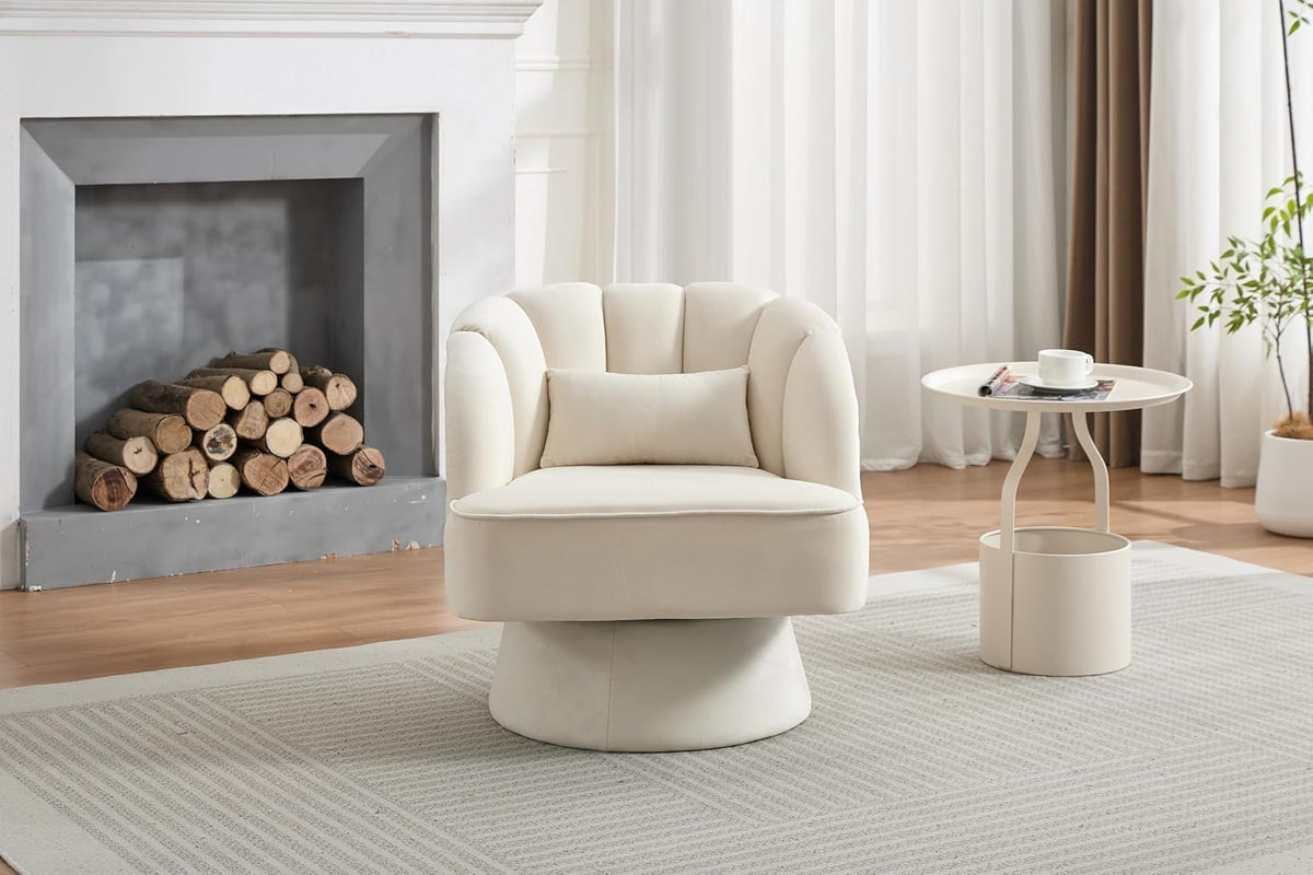 Moderner Drehsessel, 360 Grad Samt gepolsterter Sessel mit gestreifter Rückenlehne & Plüschpolsterung, bequemer runder Sessel für Wohnzimmer, Schlafzimmer, Leseecke, Beige