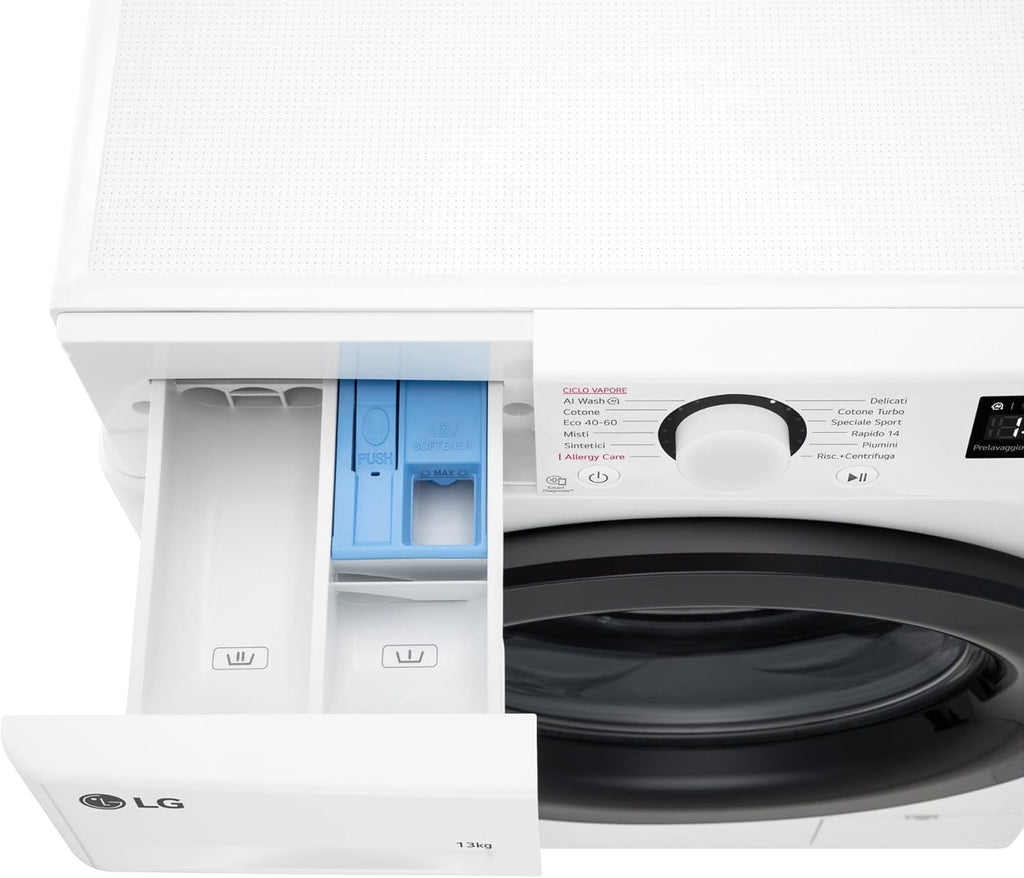 LG AI DD F4R3013NSWB Waschmaschine mit Frontlader, 13 kg, Serie R3, Klasse A-20%, 1400 Umdrehungen, AIWash, Dampfwäsche, Motor Direct Drive, Blasenkorb, Smart Diagnosis, freistehend, Weiß