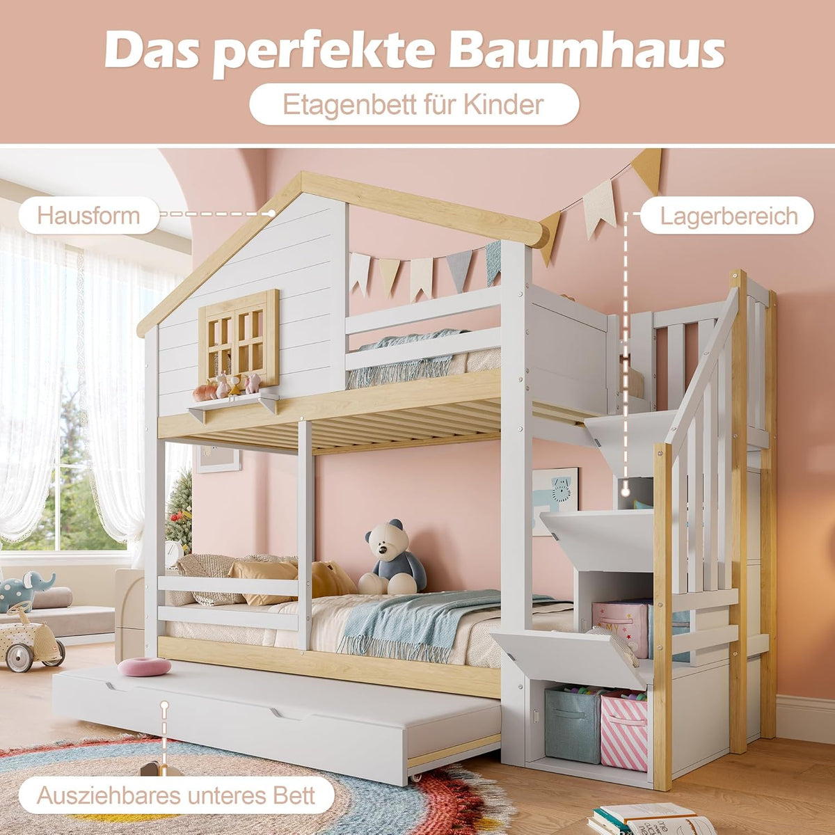 Kinderbett 90x200,Etagenbett für 2 Kinder,Hausbett Hochbett mit Ausziehbett&Treppe&Fenstern&Dach,Holzbett Stauraumbett Stockbett Jugendhochbett mit Rausfallschutz&Lattenrost,Ohne Matratze,Weiß+Natur