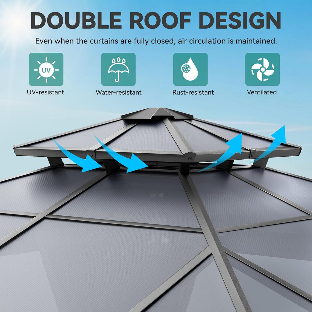 YITAHOME 3 x 3m Wasserdicht Polycarbonat Dach Pavillon mit Doppeldach,Netz und schattigen Vorhängen,Aluminium-Rahmen, Gartenzelt für Terrasse, Hinterhof, Deck und Rasen