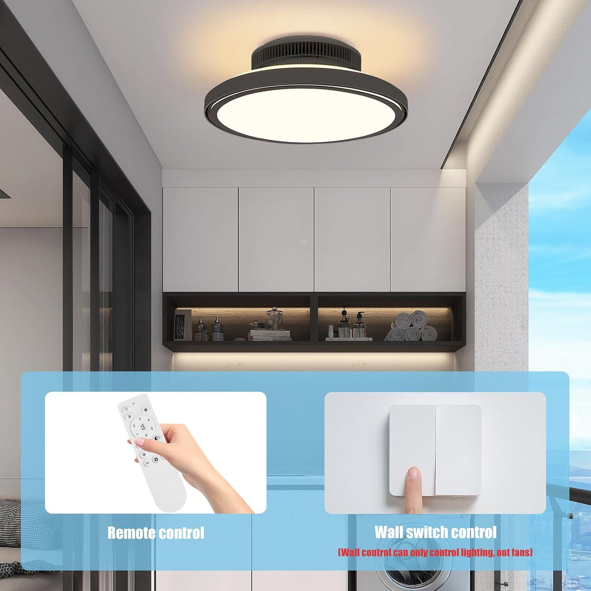 Blattloser Deckenventilator mit Beleuchtung und Fernbedienung Leise, 3000-6000K Dimmbares LED Deckenleuchte mit Ventilator mit 6 Windgeschwindigkeiten und Timer-Funktion, Schwarz