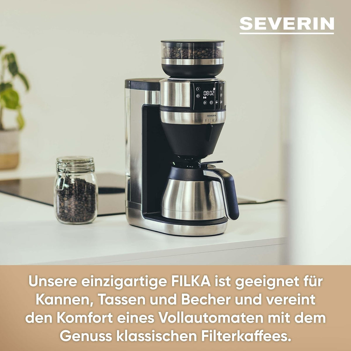 SEVERIN Filka, Vollautomat für Filterkaffee, 5-in-1 Filterkaffeemaschine mit LED-Display, Mahlwerk, mit Thermokanne, schwarz-matt, Edelstahl, KA 4853
