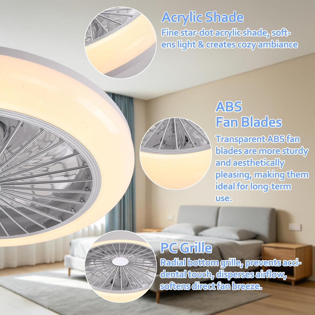 45cm Deckenventilator mit Beleuchtung Leise, LED RGB Deckenleuchte mit Ventilator und Fernbedienung Dimmbar, 6 Windstufen Reversibel, APP Timer mit Integrierter Lautsprecher für Schlafzimmer