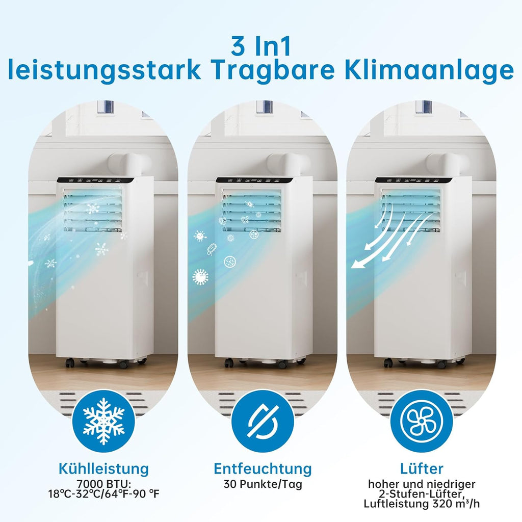 Tragbare Klimaanlage, mobiles Klimagerät 7000BTU, Kühlfunktion, Belüftung und Entfeuchtung, 2 Geschwindigkeitsstufen, Timer, 24 Fernbedienung, R290, ohne Außeneinheit