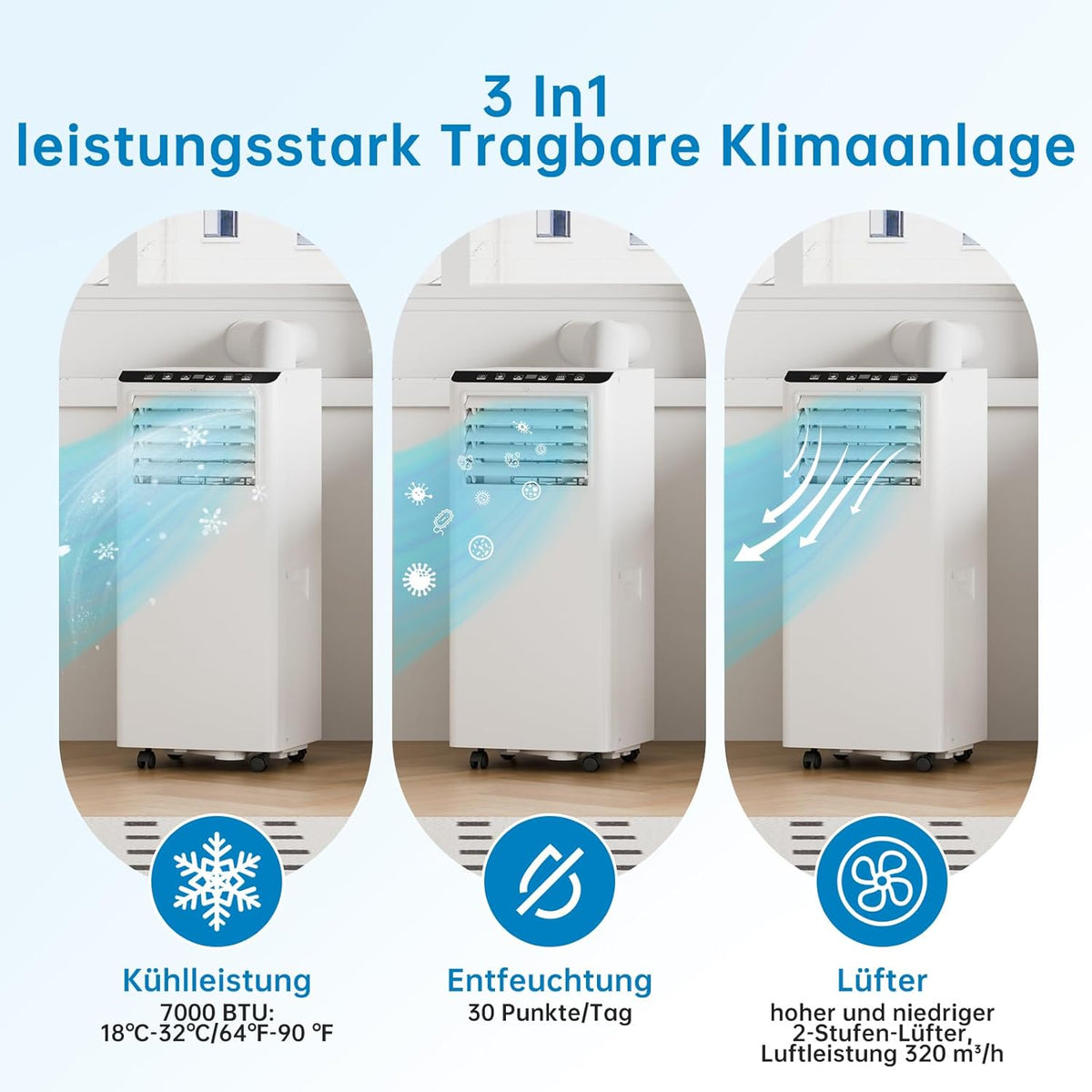 Tragbare Klimaanlage, mobiles Klimagerät 7000BTU, Kühlfunktion, Belüftung und Entfeuchtung, 2 Geschwindigkeitsstufen, Timer, 24 Fernbedienung, R290, ohne Außeneinheit
