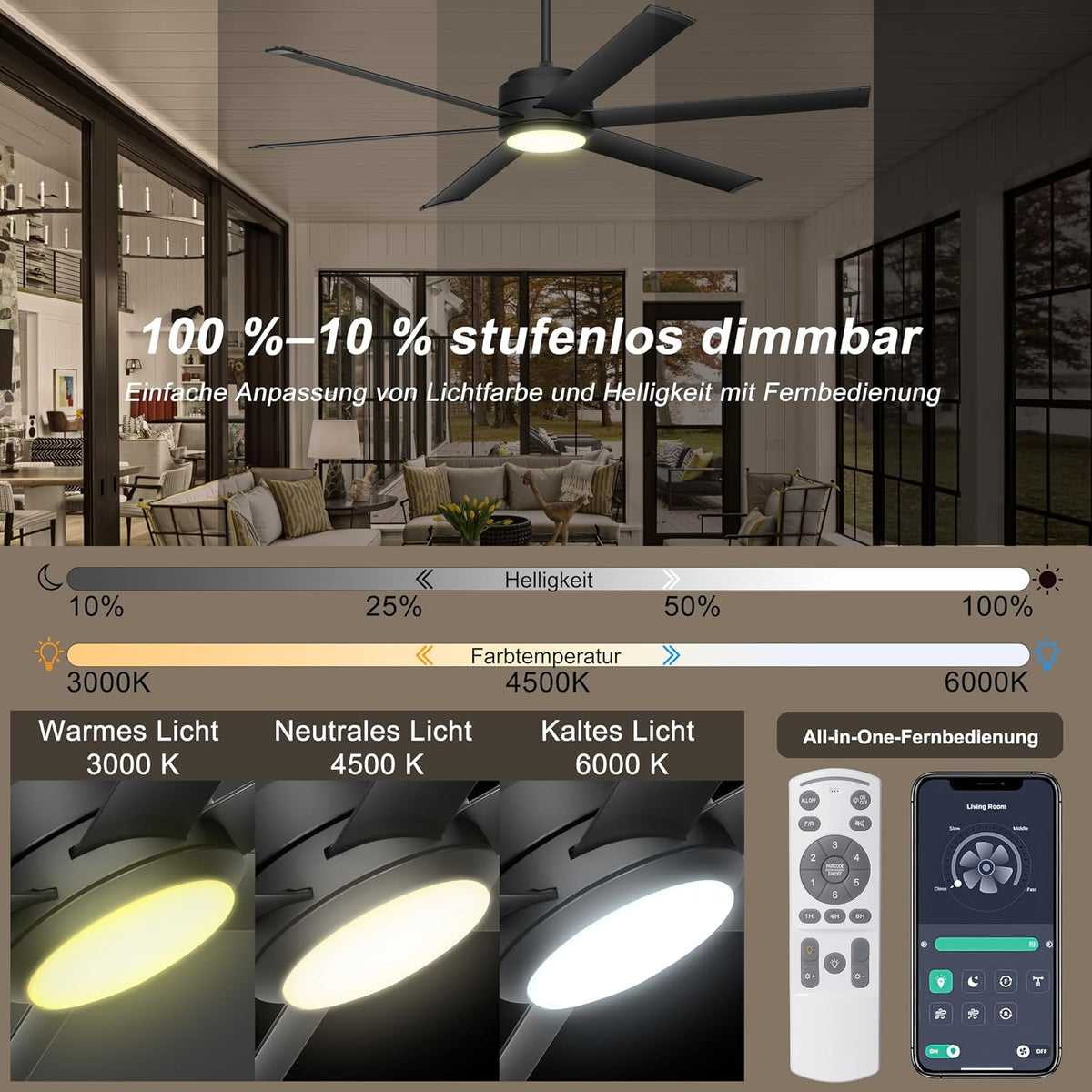 Ohniyou Deckenventilator mit Beleuchtung, Fernbedienung und App,152,4 cm (60 Zoll), dimmbar, Gleichstrommotor, großer Deckenventilator für Terrasse, Wohnzimmer