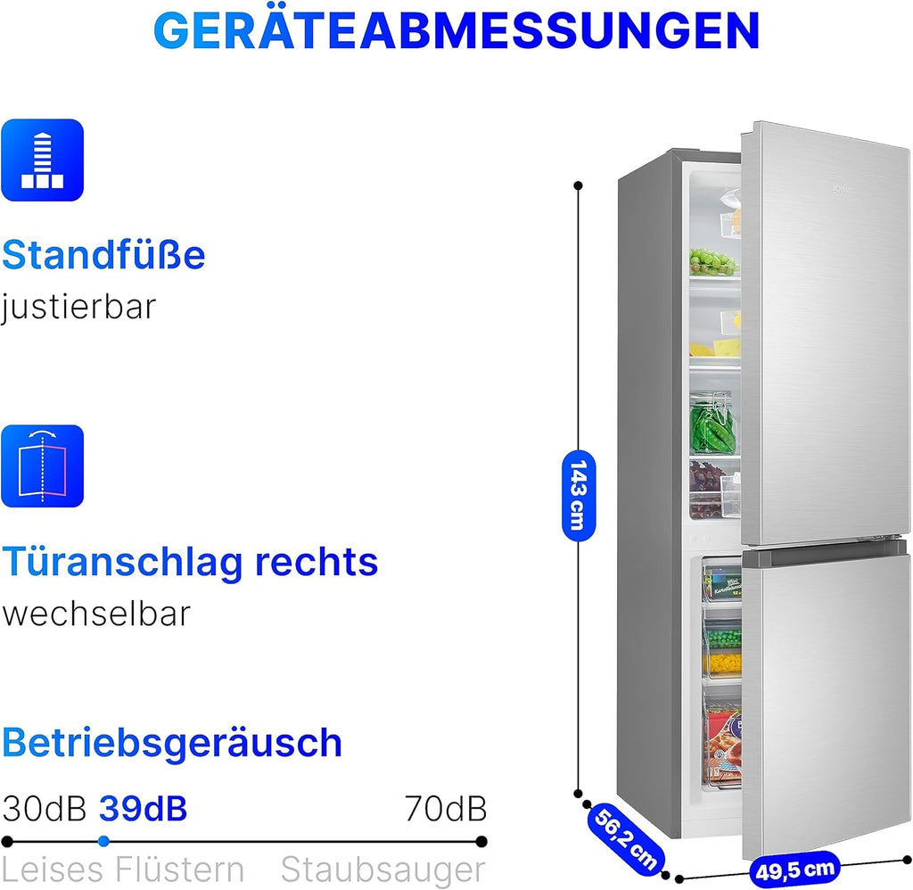 Bomann Fridge-Freezer KG 320.2, 143 cm High, Fridge-Freezer with 175 Litre Capacity, 3 Shelves and 3 Drawers, Door Stop Replaceable, Quiet Fridge-Freezer 39 dB, Black