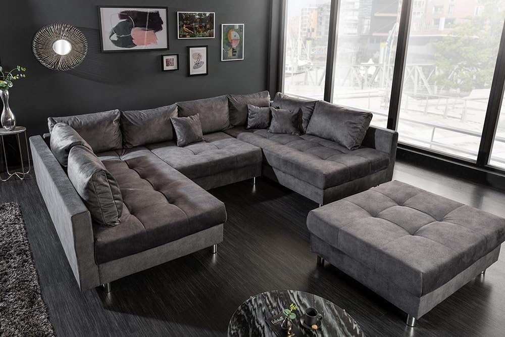 Riess Ambiente Moderne XXL Wohnlandschaft Kent 305cm grau Samt Bigsofa inkl. Hocker Federkern Samtsofa Samtcouch Ecksofa Eckcouch U-Sofa U-Couch Wohnzimmer