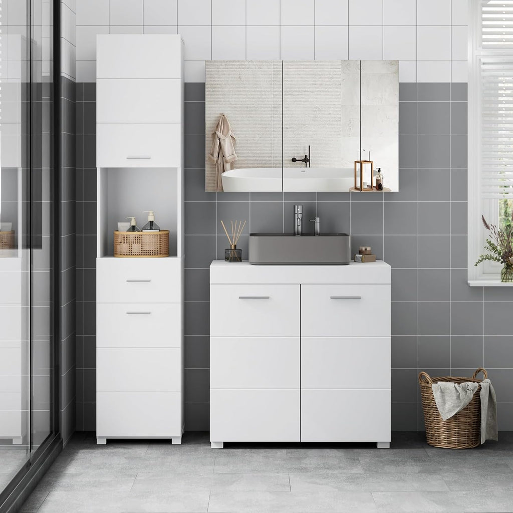 FOREHILL Badmöbel Set weiß, 3 Teile, mit Waschbeckenunterschrank, Hochschrank, Spiegelschrank