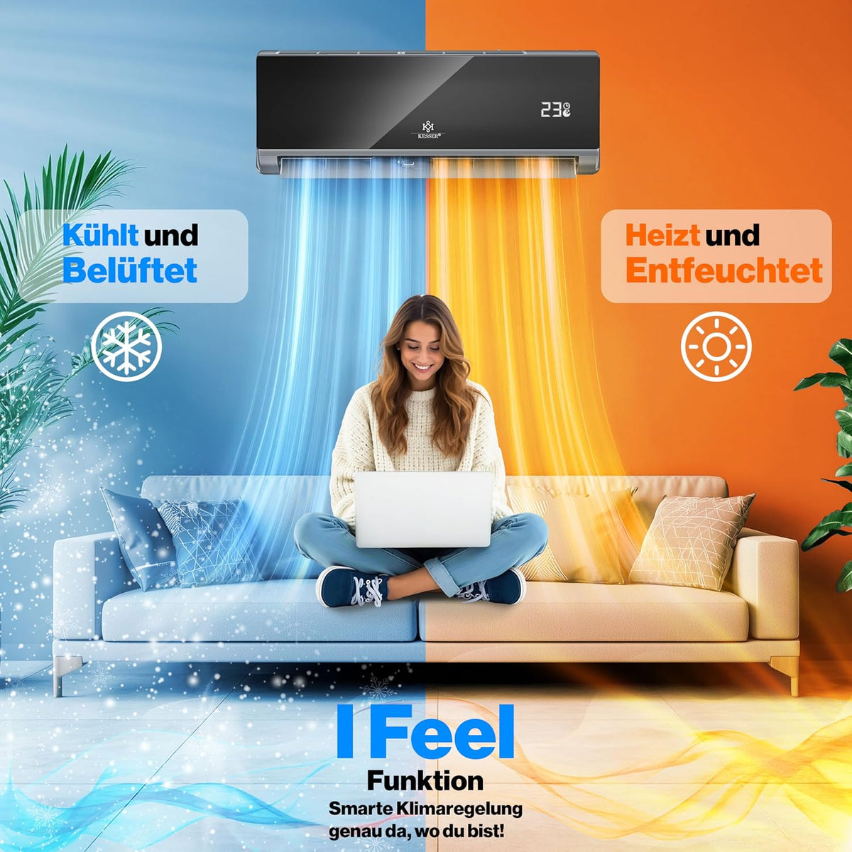 KESSER® Split Klimaanlage Set Quick Connect – WiFi & App Klimagerät mit Heizfunktion & Kühlmodus Wandklimaanlage, mit Kupferleitung 9000 BTU 2,6 kW Kältemittel R32 Inkl. Montagematerial