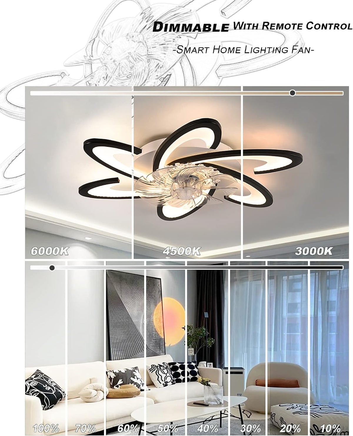 Bossen LED Deckenventilator mit Beleuchtung, Φ67cm, Leise mit 6 Geschwindigkeiten & Timer, 3-Farben-Dimmbar, App-Steuerung & Fernbedienung, Moderne Deckenlampe für Wohnzimmer Schlafzimmer