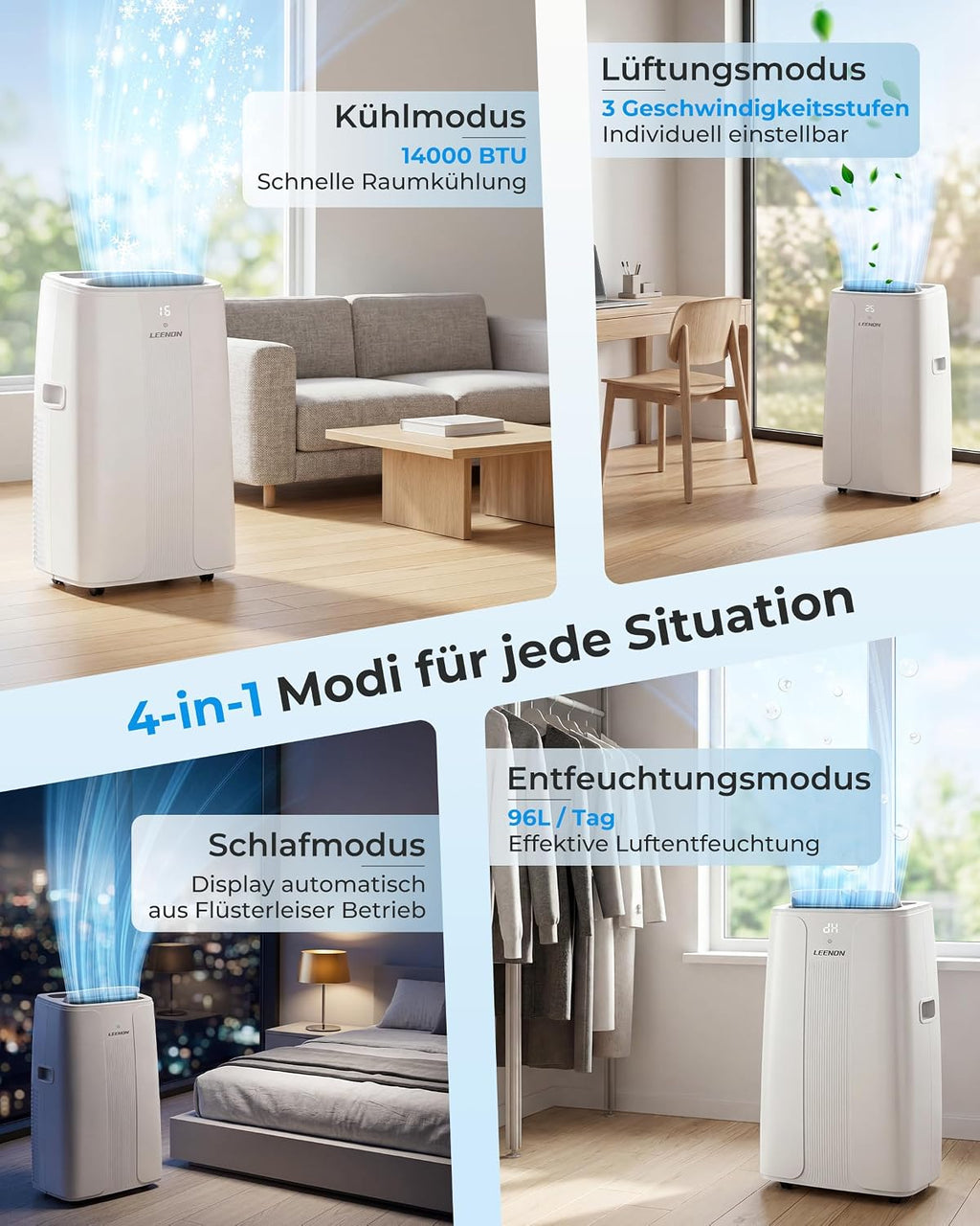 LEENON 14000 BTU Klimaanlage Mobil Klimagerät, 4 in 1 Kühlen Entfeuchten Lüftermodus Schlafmodus, Mobile Klima mit Abluftschlauch, Fernbedienung/24h Timer, Auto-Swing Air Conditioner, Für bis 50m²