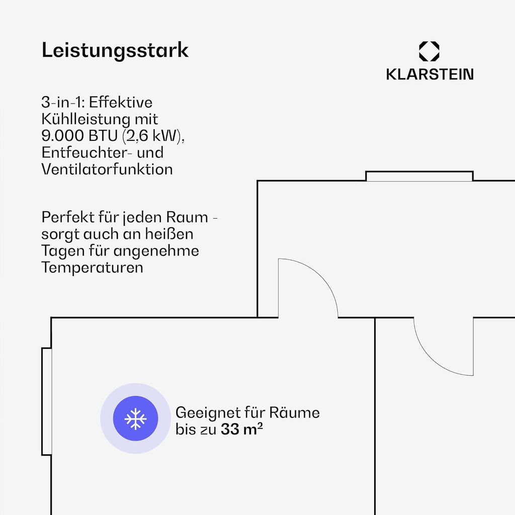 Klarstein AireLux Mobile Klimaanlage – 9.000 BTU, Für Räume bis 33 m², 3-in-1: Kühlung, Entfeuchter & Ventilator, Energieeffizienzklasse A, Smart App & Sprachsteuerung, Mit Abluftschlauch, Dunkelgrau