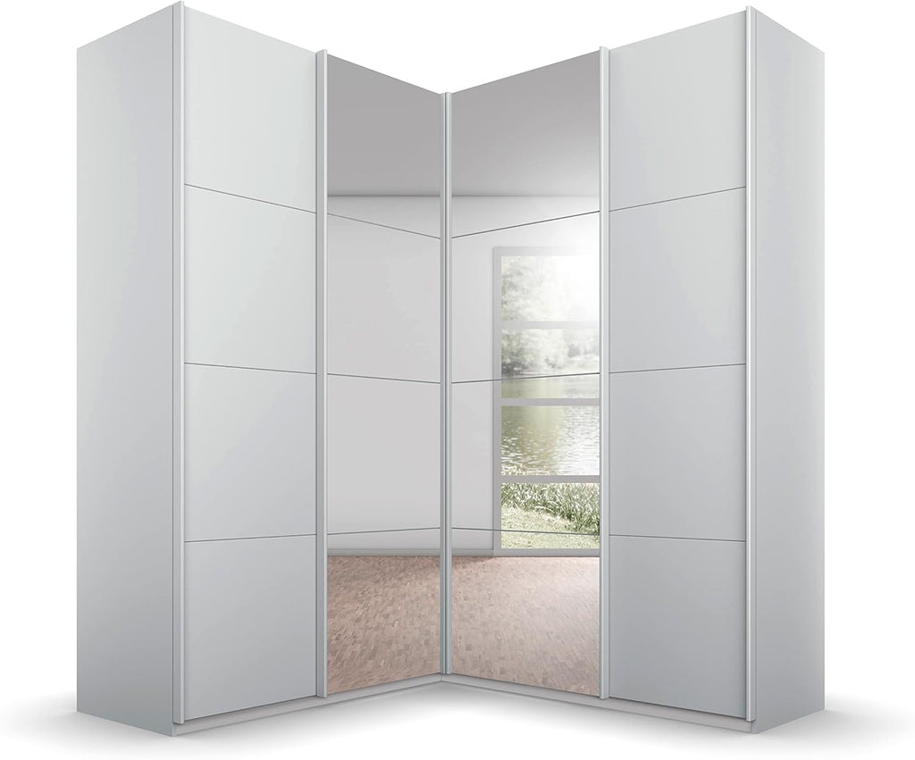 Rauch Möbel Quadra Schrank Eckschrank Schwebetürenschrank, Grau, 4-TRG. mit Spiegel, inkl. 2 Kleiderstangen, 12 Einlegeböden, 3 Schubkästen, BxHxT 181x229x187 cm