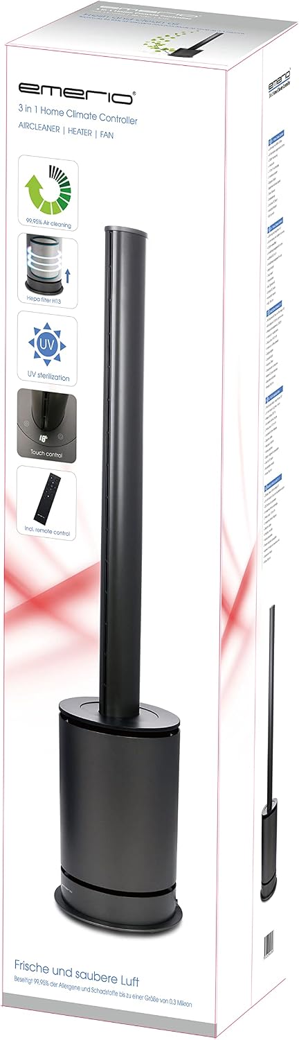 Emerio 3in1 Heizlüfter Ventilator Luftreiniger rotorlos HEPA 13 Filter + 2x UVC Lampe gegen Bakterien Viren Staub Pollen langlebiger nachhaltiger DC Motor Fernbedienung Timer, TFN-214472.1, Schwarz