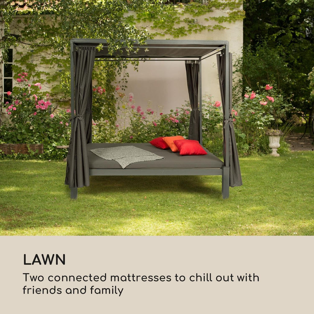 blumfeldt Senator Lounge - Doppel-Gartenliege mit Sonnendach, Lounge-Pavillon, 188 x 208 x 205 cm, komfortable Polsterung, Sichtschutz-Vorhänge, wasserfest, Stahlrahmen, max. 350 kg, grau