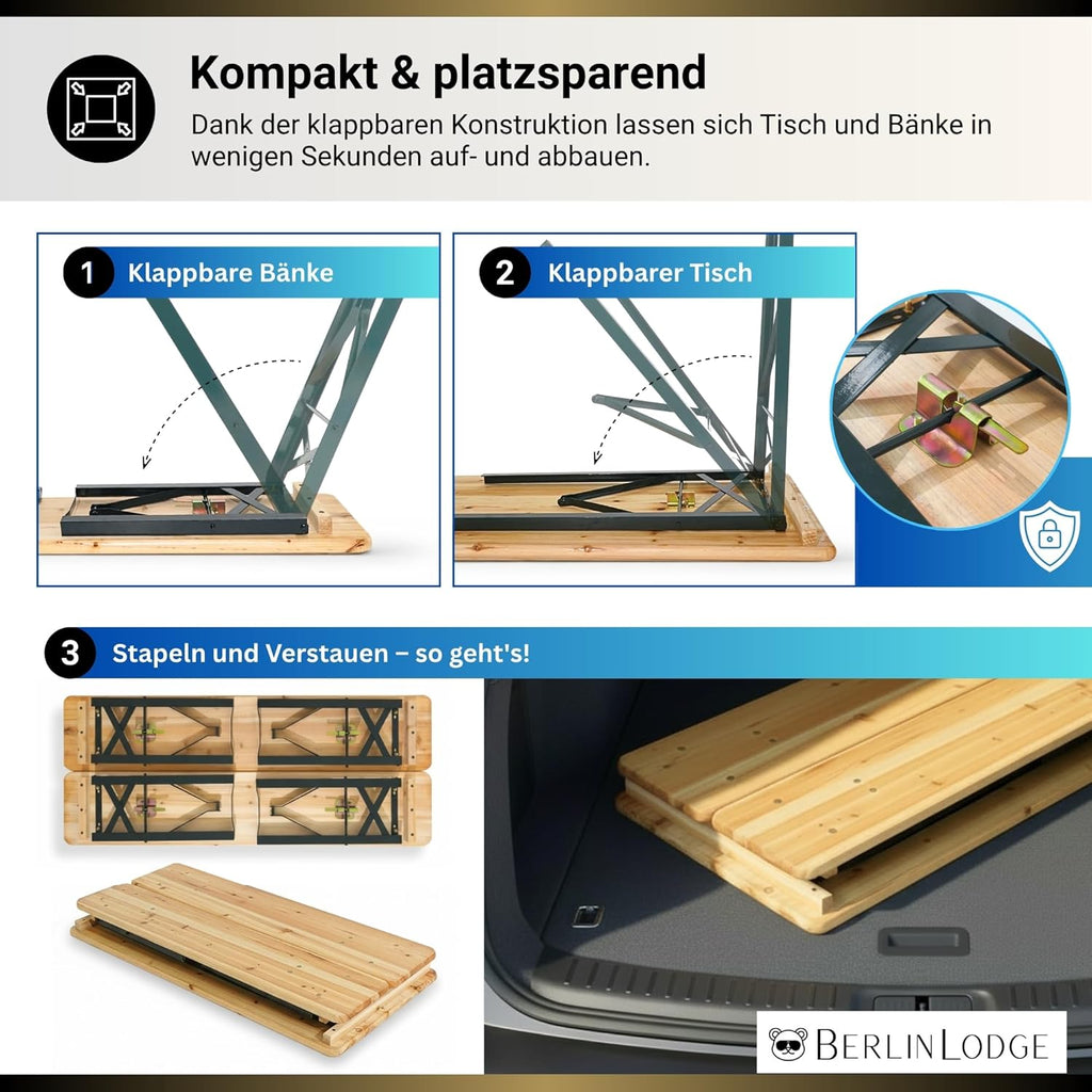 CHEFGASTRO Bierzeltgarnitur Wiesn klein & klappbar 116 cm breit 3-teilig 1x Tisch & 2X Bierbank, lackiertes Holz, Festzeltgarnitur kurz Gartenmöbel-Set Kinder Sitzgarnitur Innen & Außenbereich