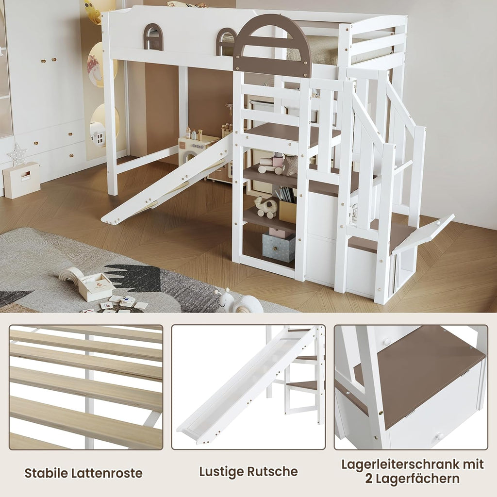 Etagenbett 90x200 cm, Kinderbett Mit Rutsche, Stauraumbett mit 2 Schließfächer in der Treppe, Mit Offenes Regal, mit Fenster, Rausfallschutz Geländer, Kiefer, Weiß+Braun (Ohne Matratze)