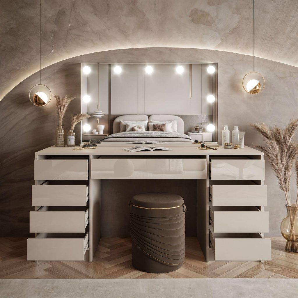 Lookway Schminktisch MADA Elite II mit LED-Spiegel – Eleganter Kaschmir oder Weiß Hochglanz, Wandmontage, Geräumige Schubladen (Kaschmir/Kaschmir Hochglanz)