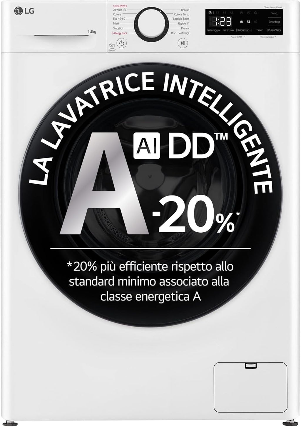LG AI DD F4R3013NSWB Waschmaschine mit Frontlader, 13 kg, Serie R3, Klasse A-20%, 1400 Umdrehungen, AIWash, Dampfwäsche, Motor Direct Drive, Blasenkorb, Smart Diagnosis, freistehend, Weiß