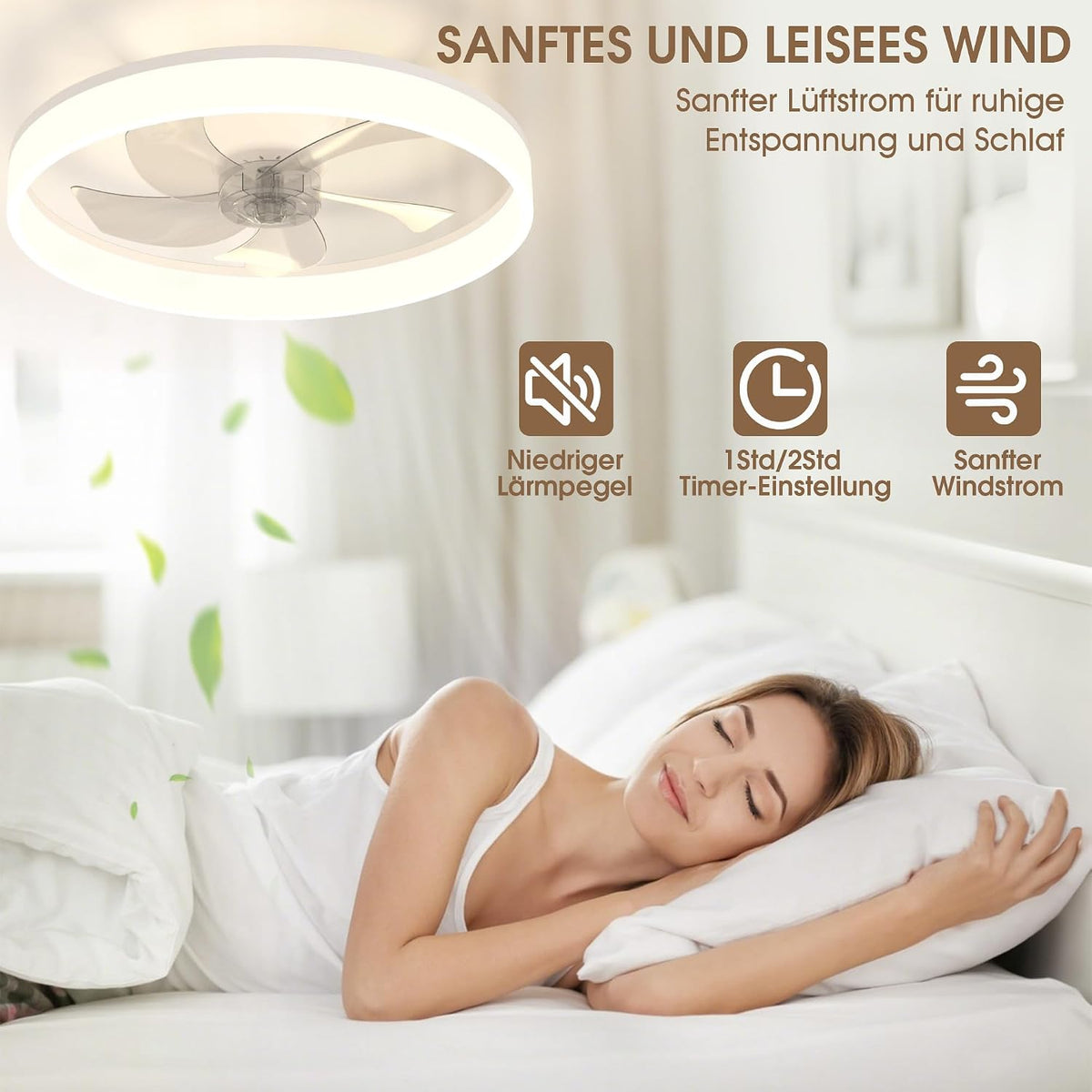 NIORSUN Deckenventilator mit Beleuchtung und Fernbedienung, 6 Geschwindigkeiten, dimmbares Lampe mit Ventilator, Leise Deckenlampe mit Ventilator für Schlafzimmer, Wohnzimmer (50cm, Weiß)