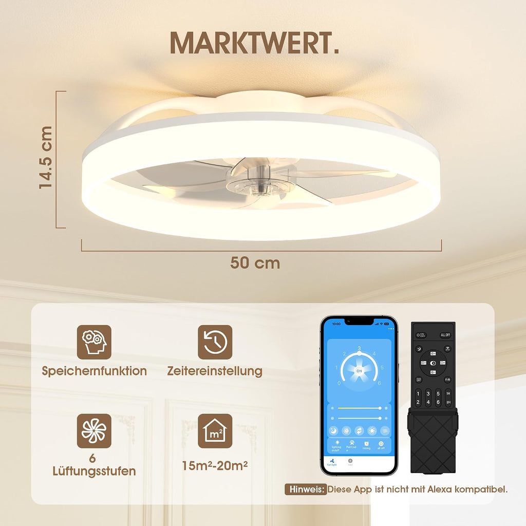 NIORSUN Deckenventilator mit Beleuchtung und Fernbedienung, 6 Geschwindigkeiten, dimmbares Lampe mit Ventilator, Leise Deckenlampe mit Ventilator für Schlafzimmer, Wohnzimmer (50cm, Weiß)