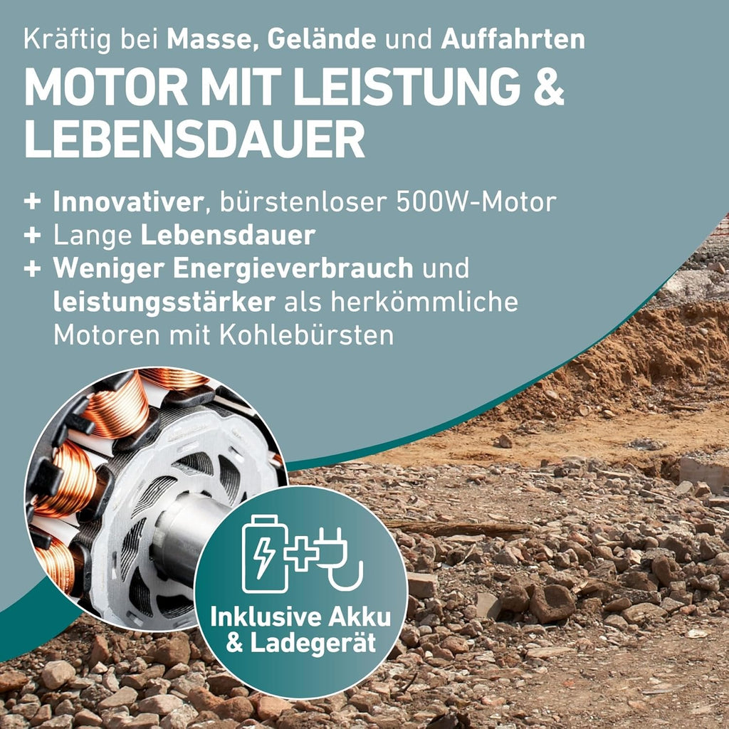 Elektrische Schubkarre mit Akku I 100L Mulde I 260kg Traglast I 500W I 40V Li-ion mit 6000mAh