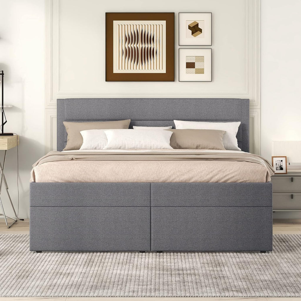 Boxspringbett 140x200 mit Bettkasten, Doppelbett Polsterbett mit Lattenrost, Bett, Betten, Bettgestell mit Stauraum, Schlafzimmer Komplett, Stauraumbett (Grau, Doppelbett 140x200), TkopyBed0615