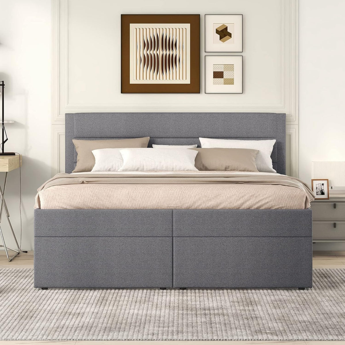 Boxspringbett 140x200 mit Bettkasten, Doppelbett Polsterbett mit Lattenrost, Bett, Betten, Bettgestell mit Stauraum, Schlafzimmer Komplett, Stauraumbett (Grau, Doppelbett 140x200), TkopyBed0615