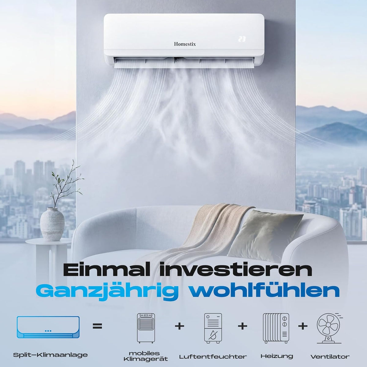 Split Klimaanlage 12000 BTU，4-in-1-Kältegerät mit Heizen, Kühlen, Entfeuchten und Lüften, bis75 m², ultraleise, Fernbedienung & APP, 24h-Timer/Schlaf/ECO-Energiesparmodus, inkl. Montagematerial
