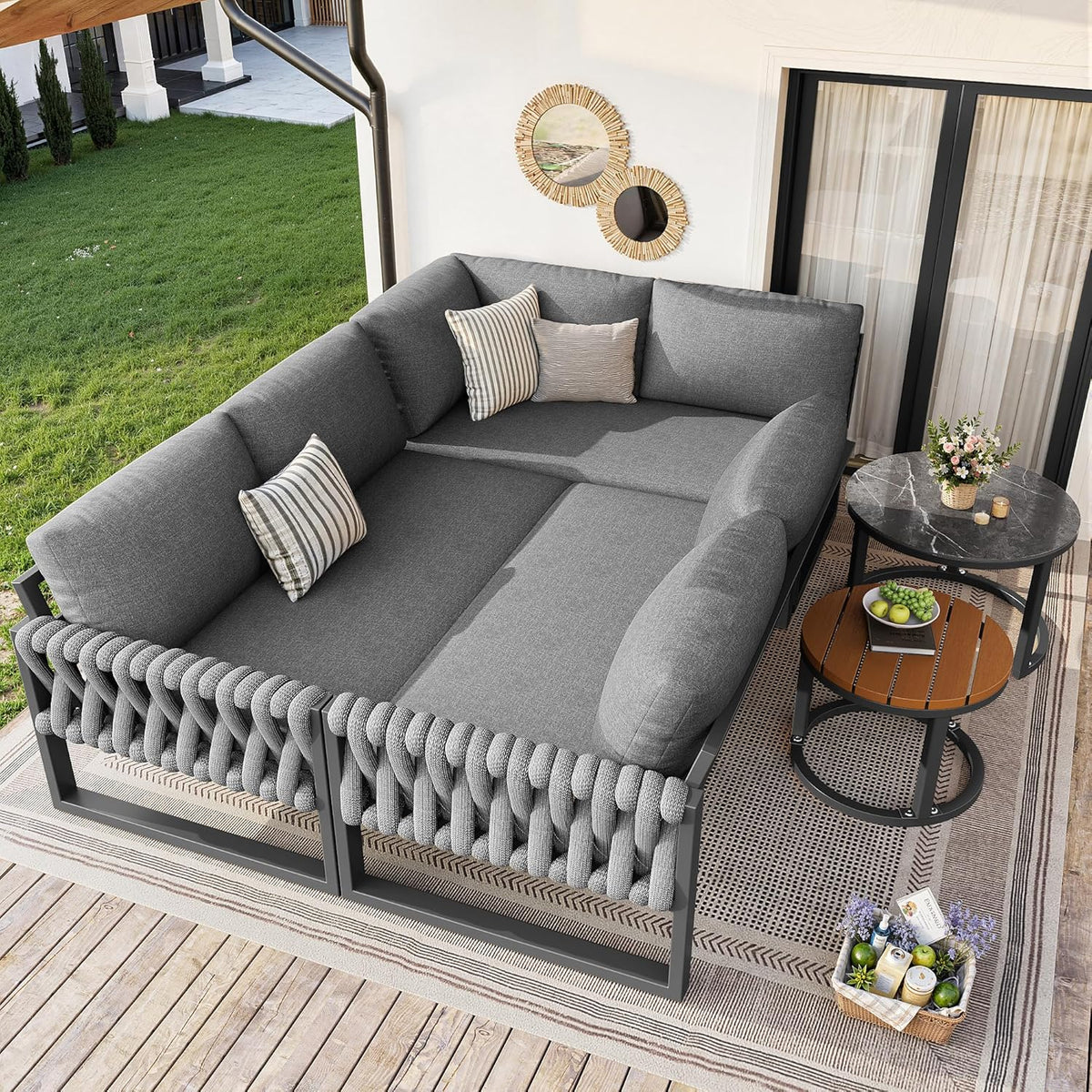 Gartenmöbel Set Lounge möbel Outdoor für 5-6 Personen, Metal, mit L-förmig gartensofa und Tisch, inklusive Aller Sitz- und Rückenkissen für Balkon Garten Terrasse (Grau)