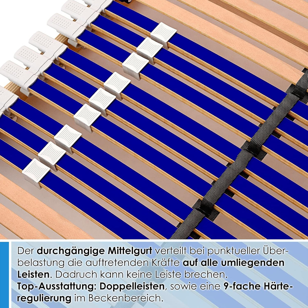 elektrischer Lattenrost 100% BUCHE - Kopf- u. Fußteil elektrisch verstellbar - SCHULTERFRÄSUNG, 7 Zonen, 44 Federleisten, Härteregulierung, Mittelgurt - Motor Comfort 44® - fertig montiert (90x200)