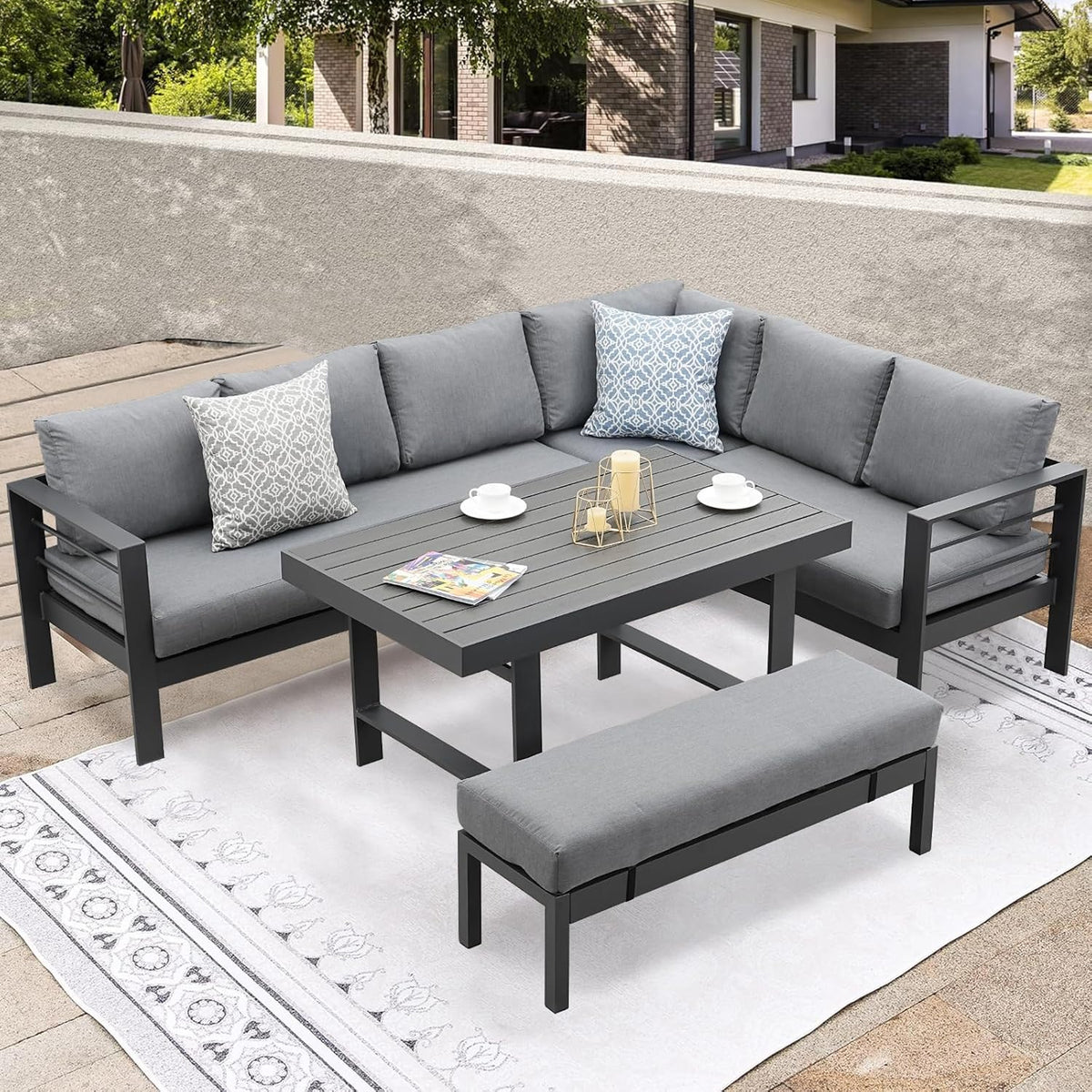 Atenza Aluminium Gartenlounge Set 6-8 Personen, Ecklounge Gartenmöbel-Set mit Ecksofa, Tisch und Sitzbank, Outdoor Lounge mit Sitz- und Rückenkissen für Garten, Terrasse, Balkon (Grau)