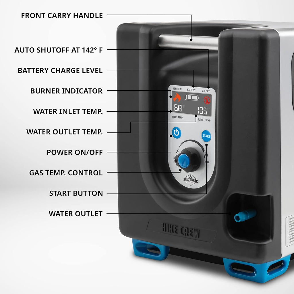 Tragbarer Propan-Warmwasserbereiter und Duschpumpe mit eingebauter Batterie | Kompaktes Outdoor-Reinigungs- und Duschsystem mit LCD, Sicherheitsabschaltung und Tragetasche, sofort heißes Wasser für Camping und Wandern