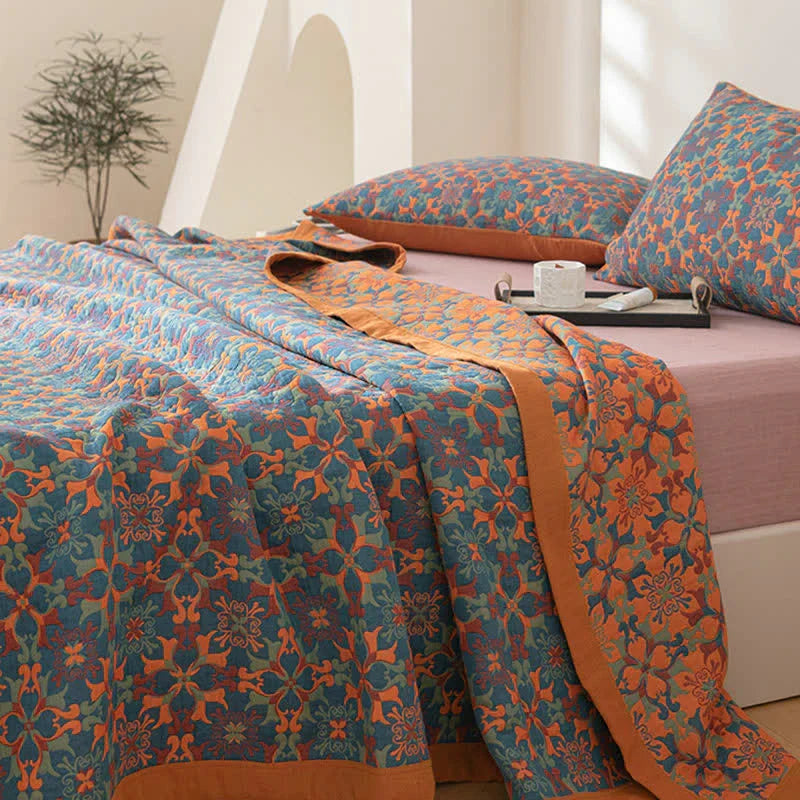 Blau Gemusterter Sechs-Lagen Baumwoll-Quilt – TerraLoom Komfortdecke